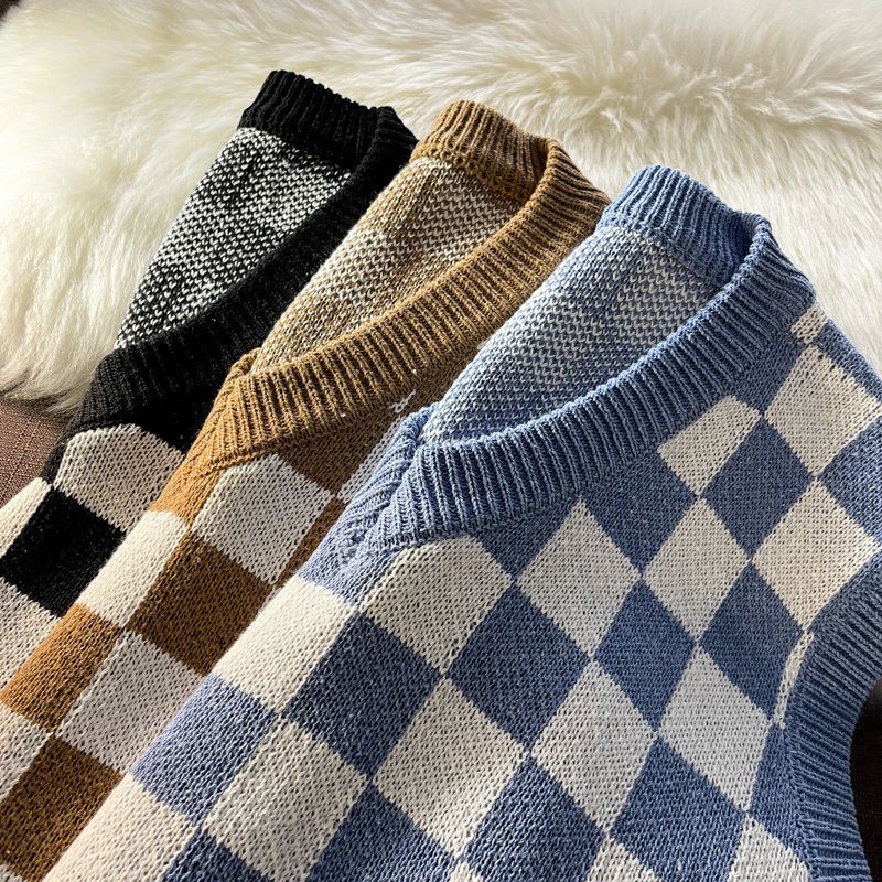 Men's Vests Checkerboard Sweater Vest Men V neck Loose Plaid Fashion Vintage All match Knitting Jumpers Students Harajuku Korean Preppy Chic 2208