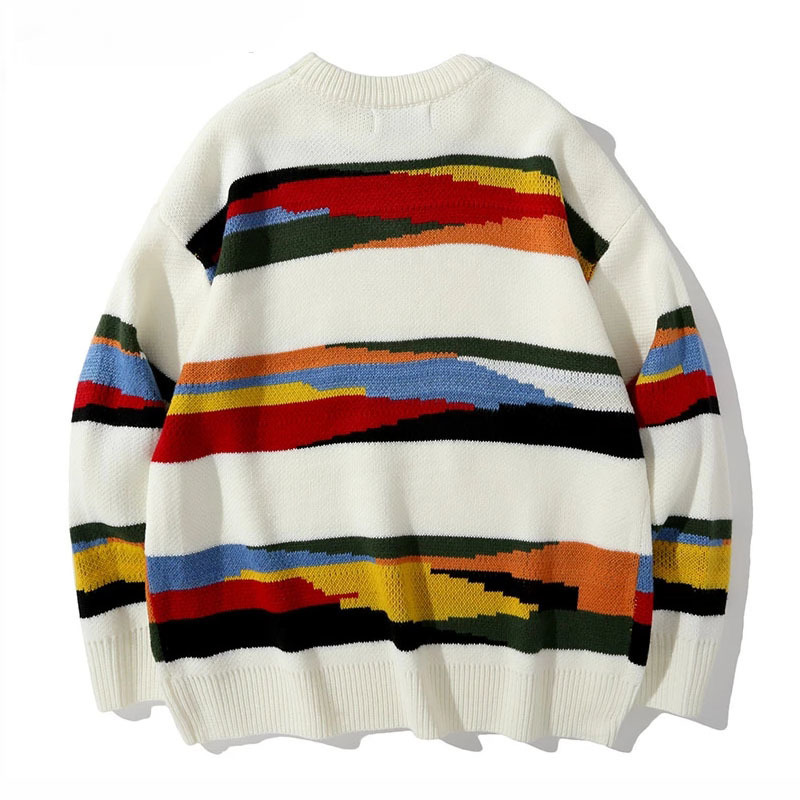 Mens Sweaters Oversized Knitted Sweater Mens Harajuku Vintage Rainbow Striped Patchwork Jumper Streetwear Hip Hop Casual Loose Pullover Unisex 220829