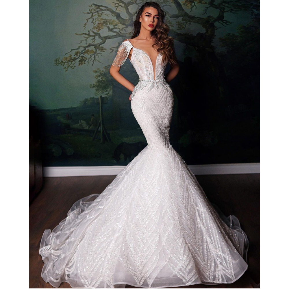 Mermaid Elegant Wedding Dress Sleeveless Deep V Neck 3D Lace Spaghetti Straps Appliques Sequins Beads or Length Bridal Gowns Custom Made Vestido de no