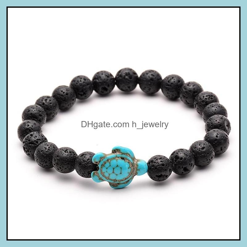 Charm Bracelets Sea Turtle Beads Strand Bracelets For Women Men Classic Lava Stone Tiger Eye Turquoise Elastic Friendshi Dhseller2010 Dhkx8