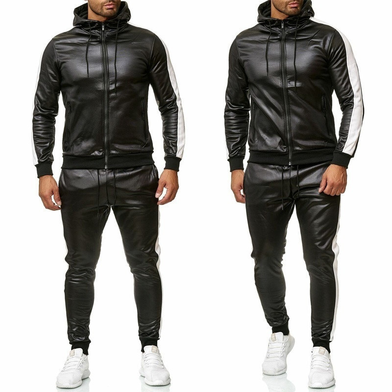 Men s Tracksuits ZOGAA PU Leather Hoodies Set 2 Piece Casual Sweatsuit Hooded Jacket and Pants Jogging Suit 220829