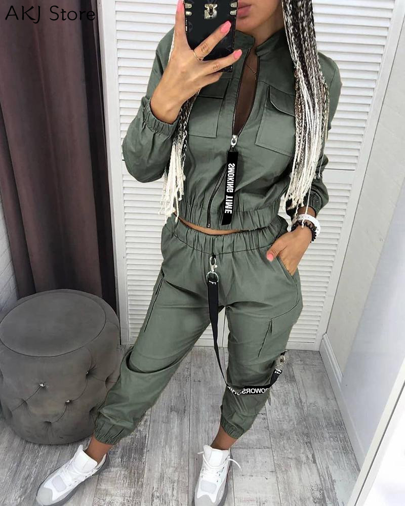 Womens Two Piece Pants Long Sleeve Zipper Tops women Streetwear Track Suit Casual Women Set 2 Pieces 220829