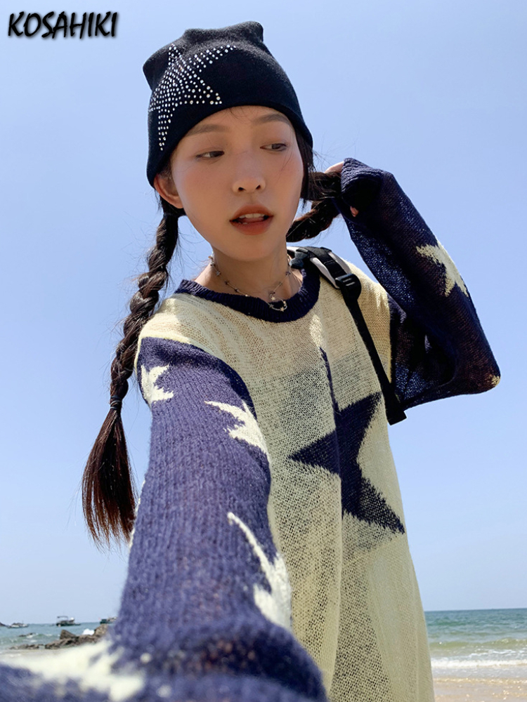 Women s Sweaters Sexy Y2k Thin Star Printed Knitted Sweater Women Long Sleeve See Through Contrast Pullover Elegant Loose Ropa De Mujer 220829