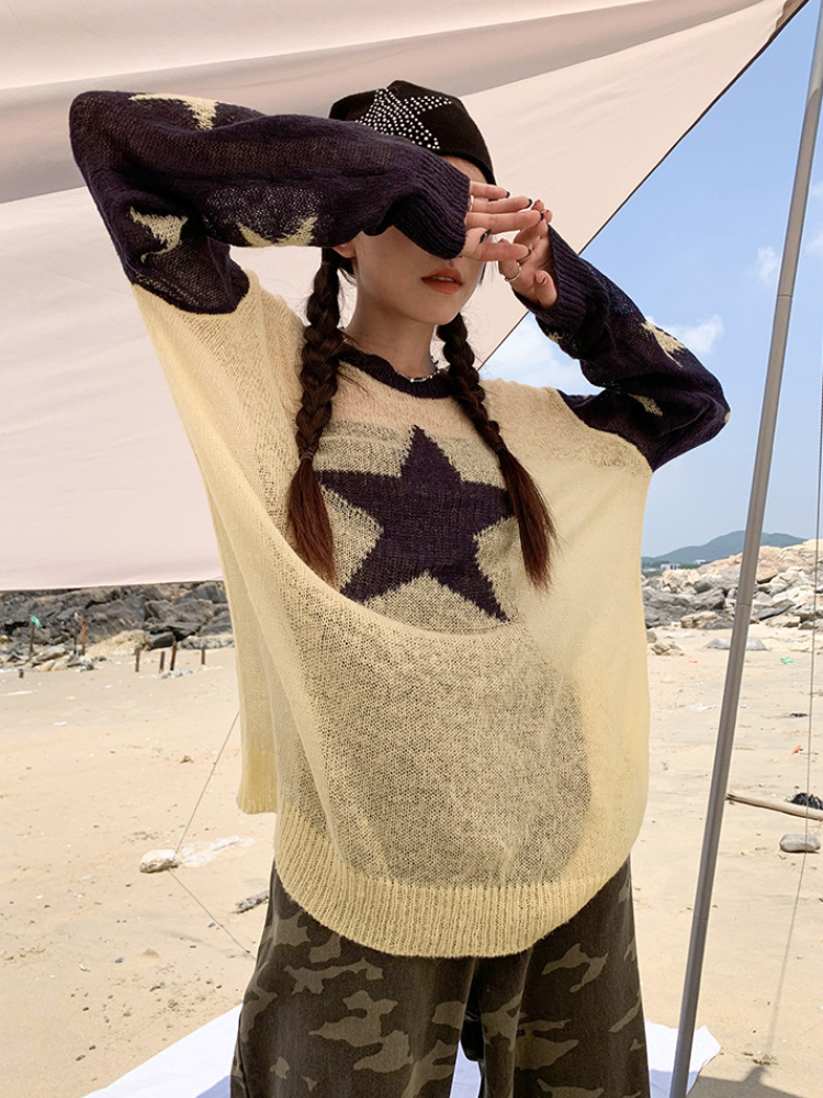Women s Sweaters Sexy Y2k Thin Star Printed Knitted Sweater Women Long Sleeve See Through Contrast Pullover Elegant Loose Ropa De Mujer 220829