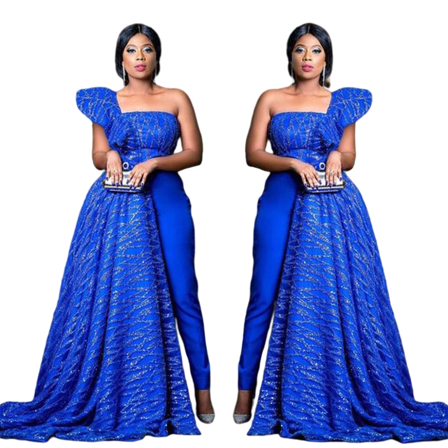 Royal Blue Prom Jumpsuit Dress with Side Train Nigerian Lace Aso Ebi One Shoulder Evening Gown Pant Suit robe de soiree