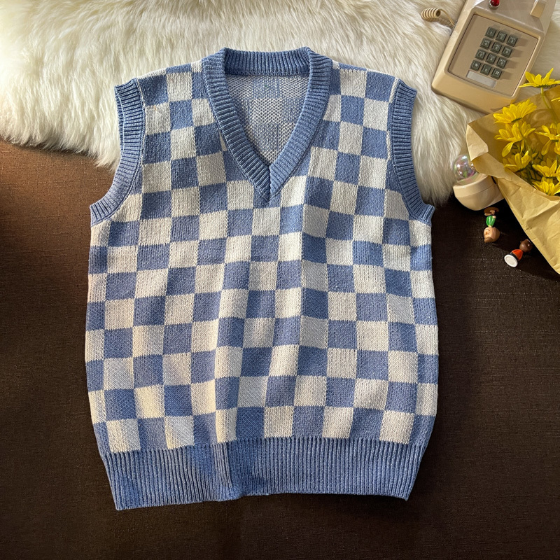 Men's Vests Checkerboard Sweater Vest Men V neck Loose Plaid Fashion Vintage All match Knitting Jumpers Students Harajuku Korean Preppy Chic 2208