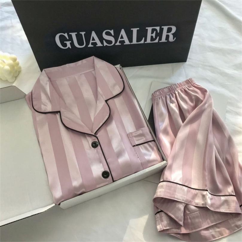 Women's Sleep Lounge Womens Silk Satin Pajamas Set Short Sleeve Twopiece Pj Sets Sleepwear Loungewear ButtonDown 220827