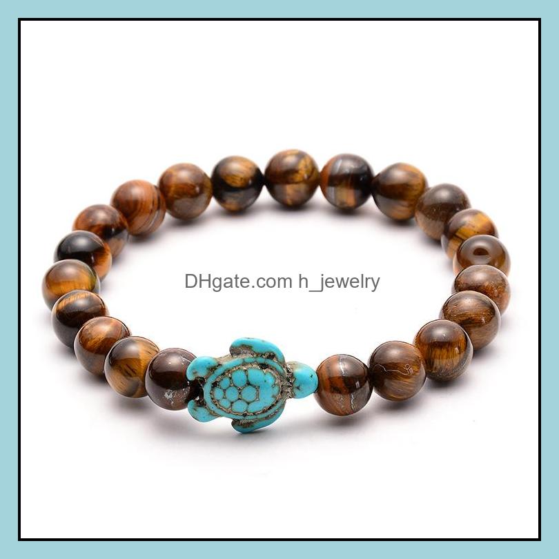 Charm Bracelets Sea Turtle Beads Strand Bracelets For Women Men Classic Lava Stone Tiger Eye Turquoise Elastic Friendshi Dhseller2010 Dhkx8