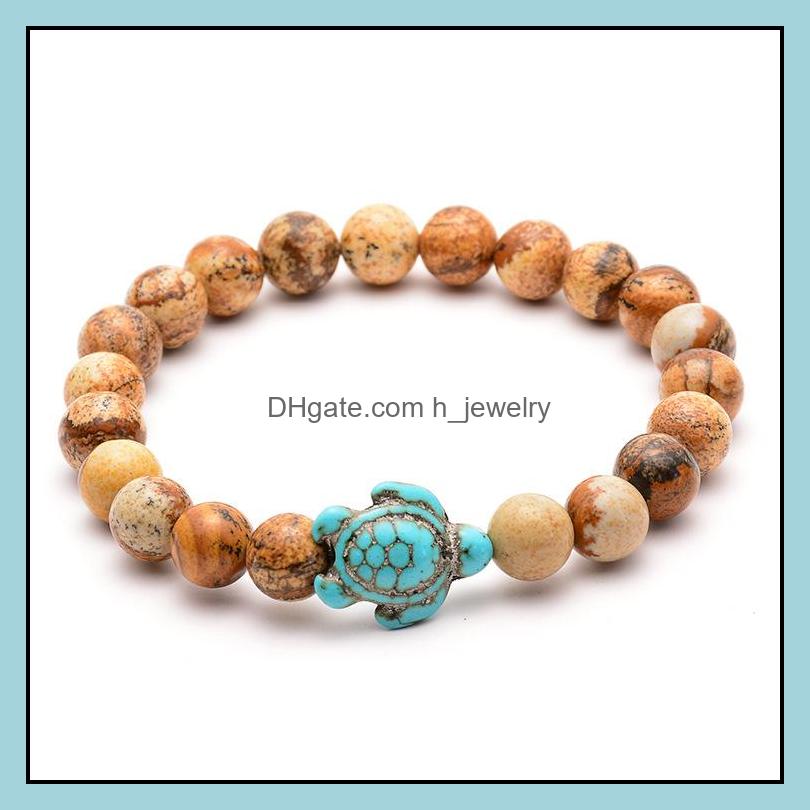 Charm Bracelets Sea Turtle Beads Strand Bracelets For Women Men Classic Lava Stone Tiger Eye Turquoise Elastic Friendshi Dhseller2010 Dhkx8