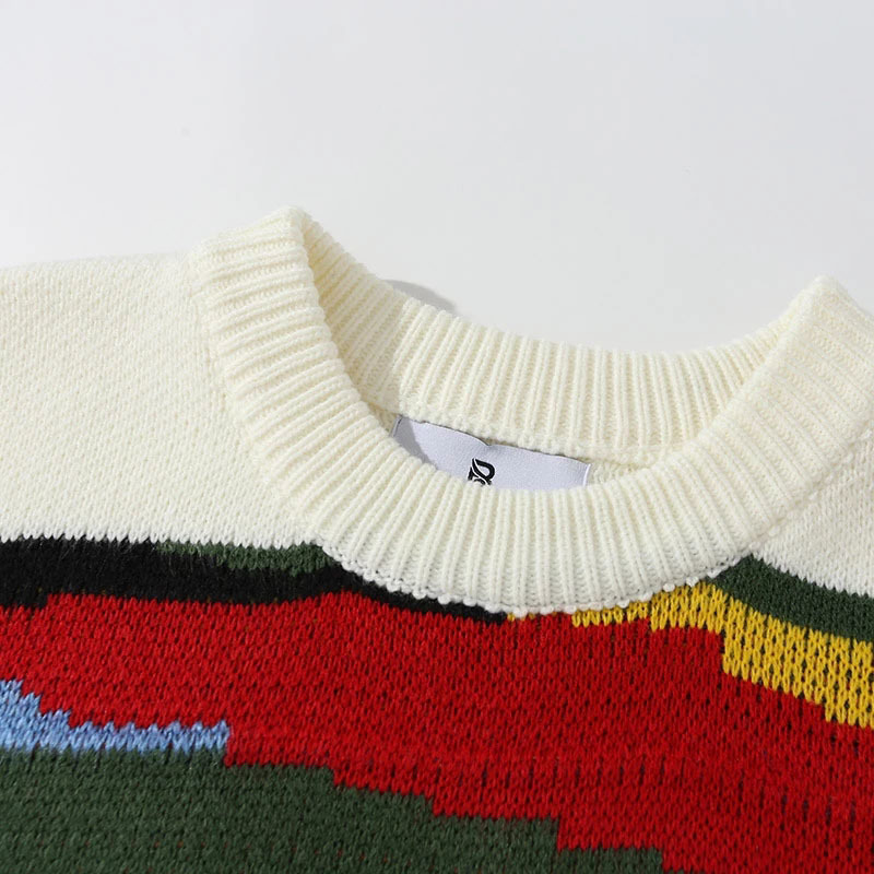 Mens Sweaters Oversized Knitted Sweater Mens Harajuku Vintage Rainbow Striped Patchwork Jumper Streetwear Hip Hop Casual Loose Pullover Unisex 220829