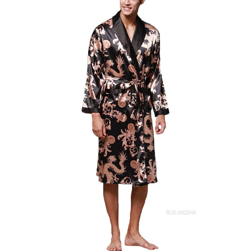 Men's Robes Fashion Bathrobe Silk Kimono Long Sleeves Robe Chinese Lucky Dragon Print Pajamas Gown Homewear Sleepwear 220829