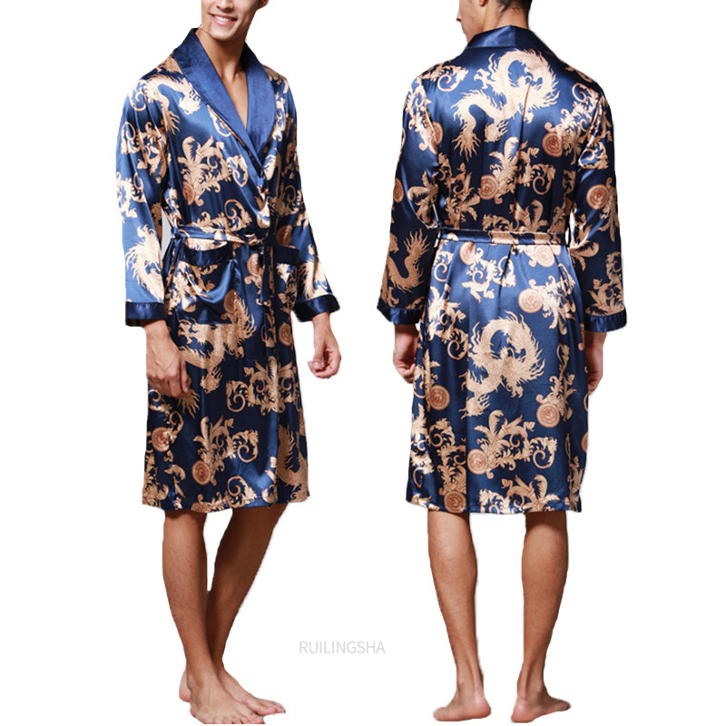 Men's Robes Fashion Bathrobe Silk Kimono Long Sleeves Robe Chinese Lucky Dragon Print Pajamas Gown Homewear Sleepwear 220829