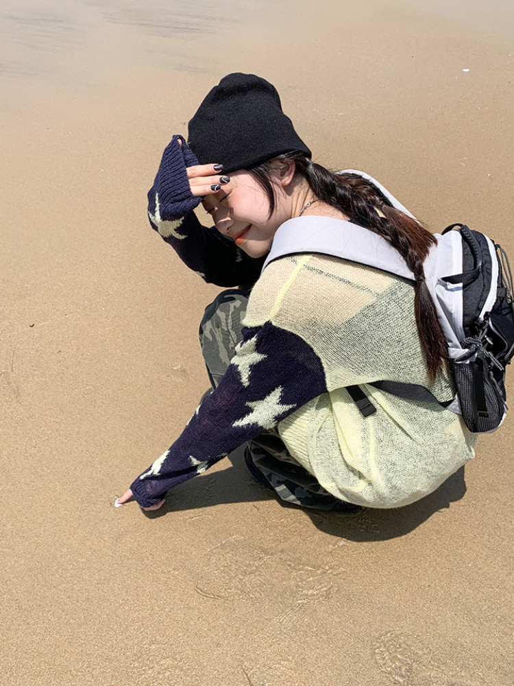 Women s Sweaters Sexy Y2k Thin Star Printed Knitted Sweater Women Long Sleeve See Through Contrast Pullover Elegant Loose Ropa De Mujer 220829