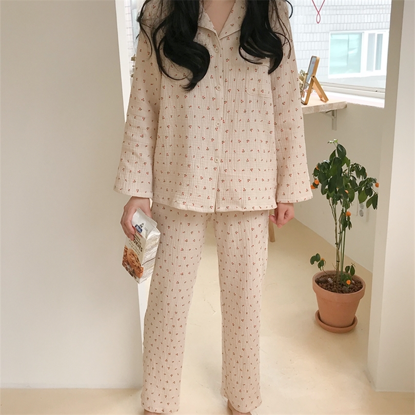 Pyjama en coton et lin pour femmes, ensemble de vêtements de nuit, doux et mignon, imprimé cerise, Vintage Kawaii, poche crantée, costume de mais