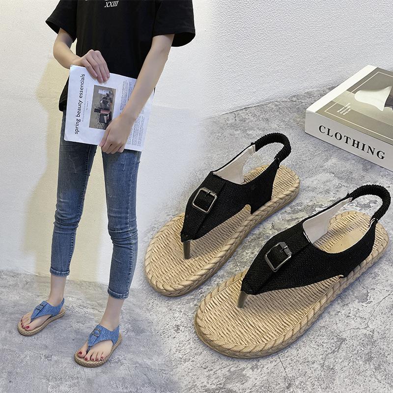 Slippers Flip Flops Sandals Canvas Belt Buckle Female Shoes Summer Clip Toe Women Flats Rome Fashion Slides