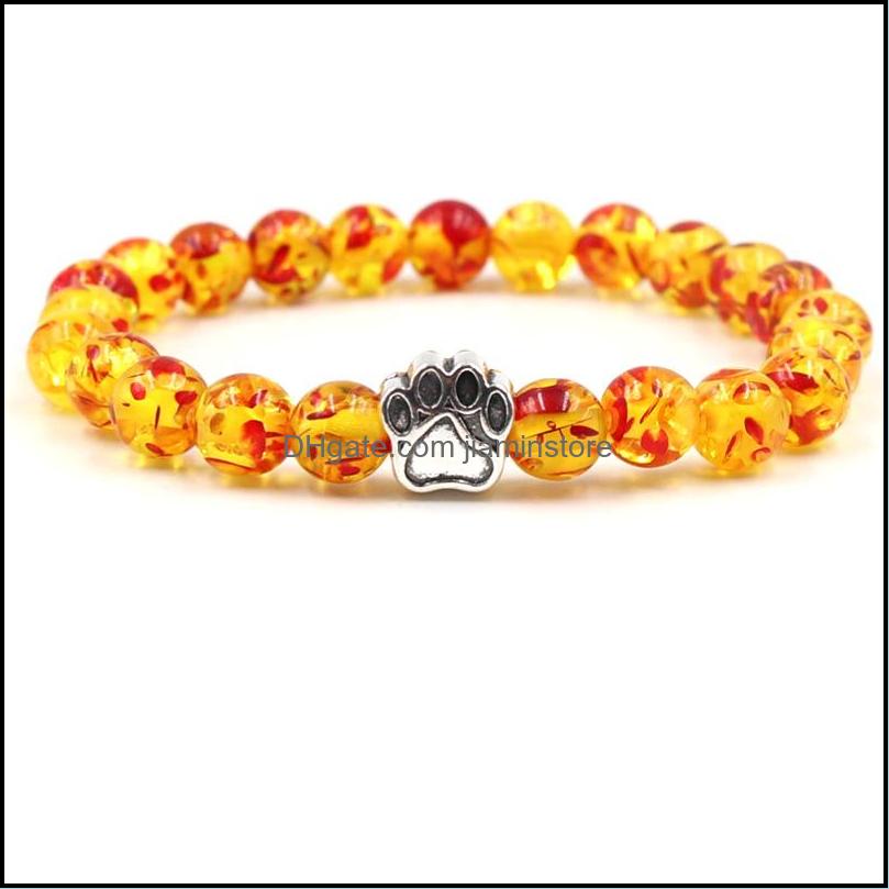 Charm Bracelets Fashion Footprint Dog Paw Charms Bracelet 8Mm Agate Natural Stone Beads Bracelets Pet Lover Strench Jewe Dhseller2010 Dh3X6