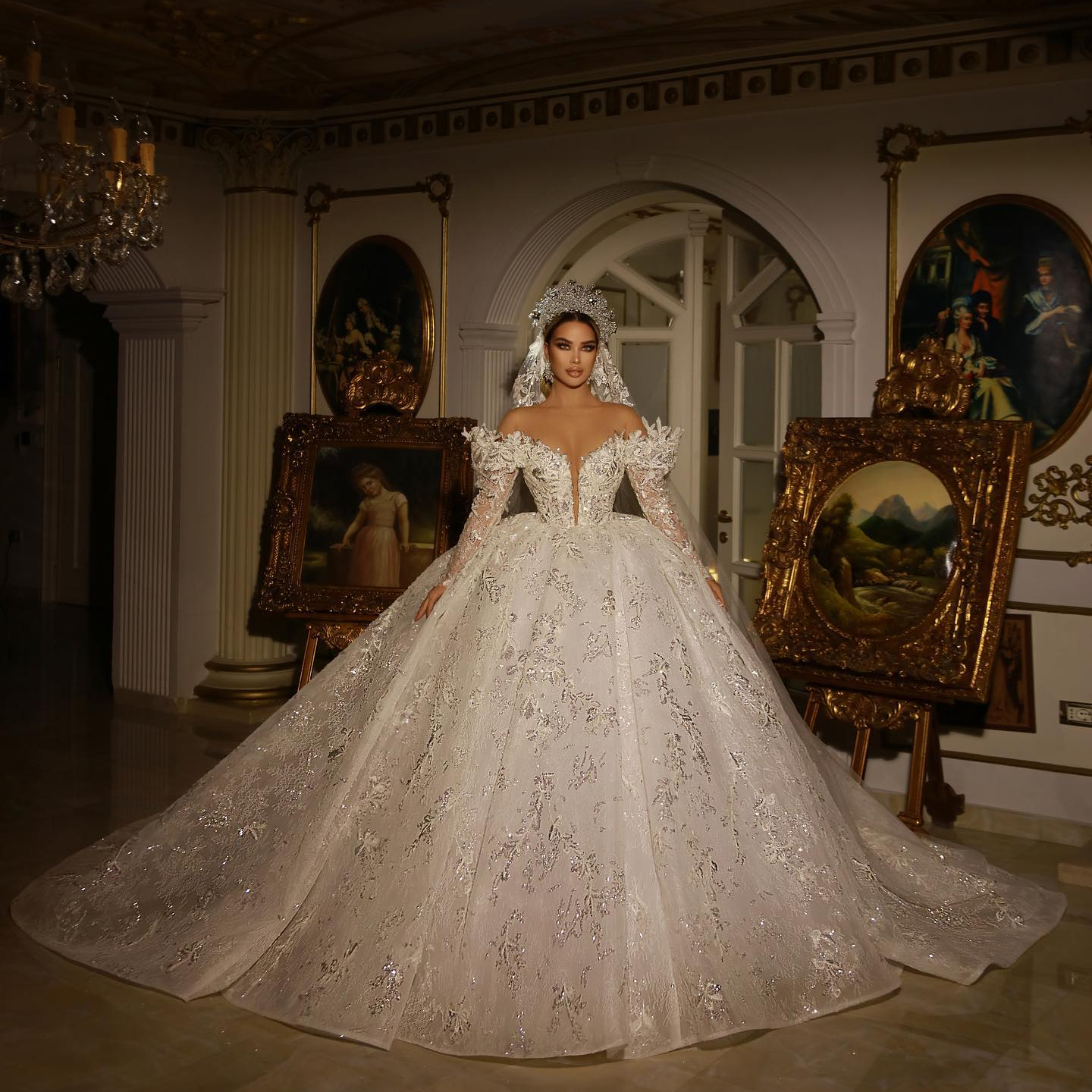 Gown Wedding Ball Dresses Deep V Neck Long Sleeves Beads Sequins Appliques Ruffles 3D Lace or Length Off Shoulder Bridal Gowns Plus Size Robes De Soir