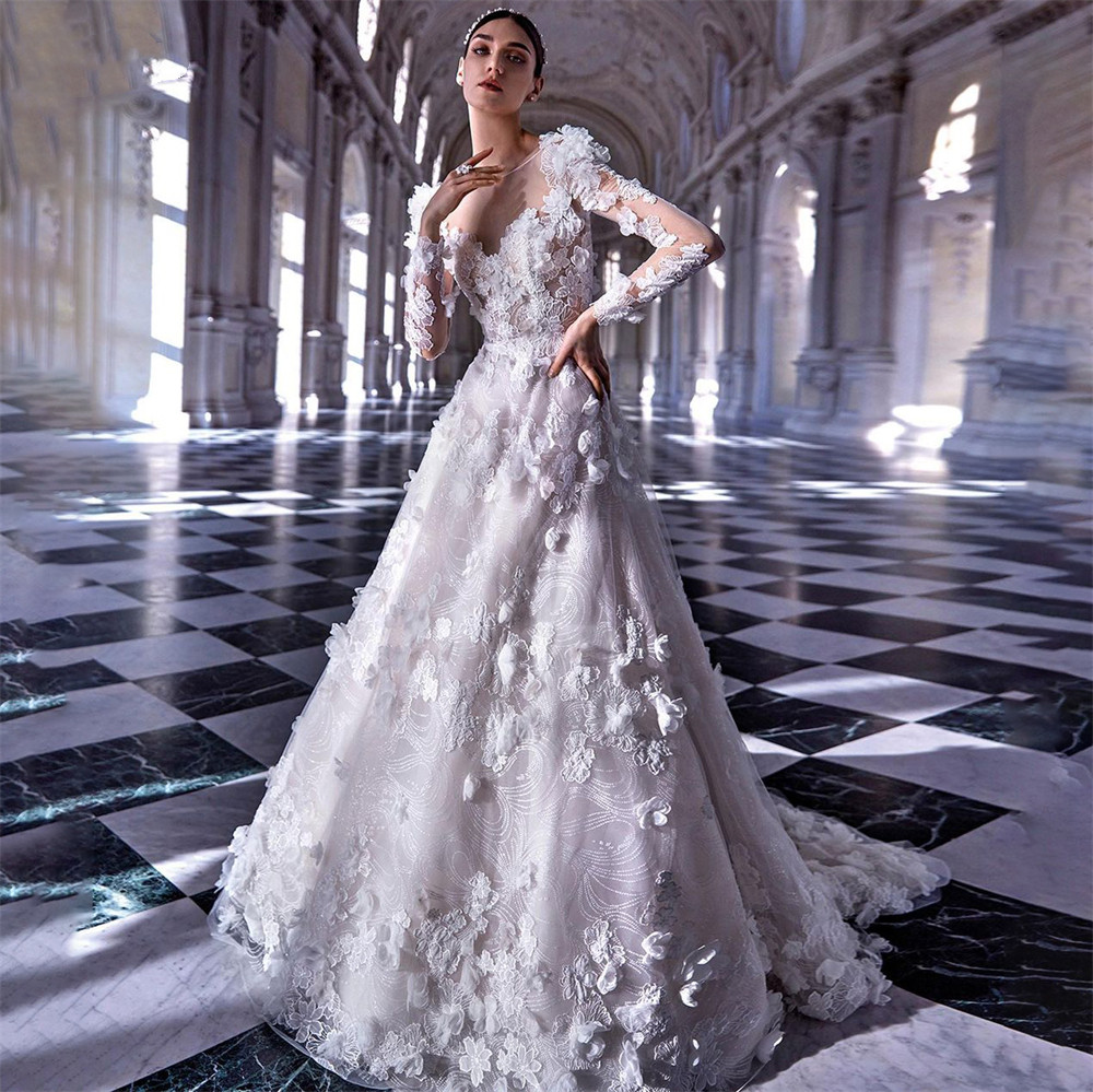 Elegant A-Line Wedding Dress Long Sleeves V Neck Hollow Lace Appliques Sequins Sweep Floor Length Ruffles 3D Flowers Lace Plus Size Boho Wedding Gowns