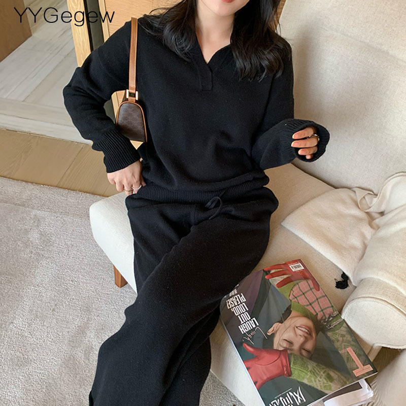 Womens Two Piece Pants 2 Pieces Set Women oversize Tracksuit polo collar Sweater Pullover straight pants CHIC Knitted Outwear sweater suit 220829