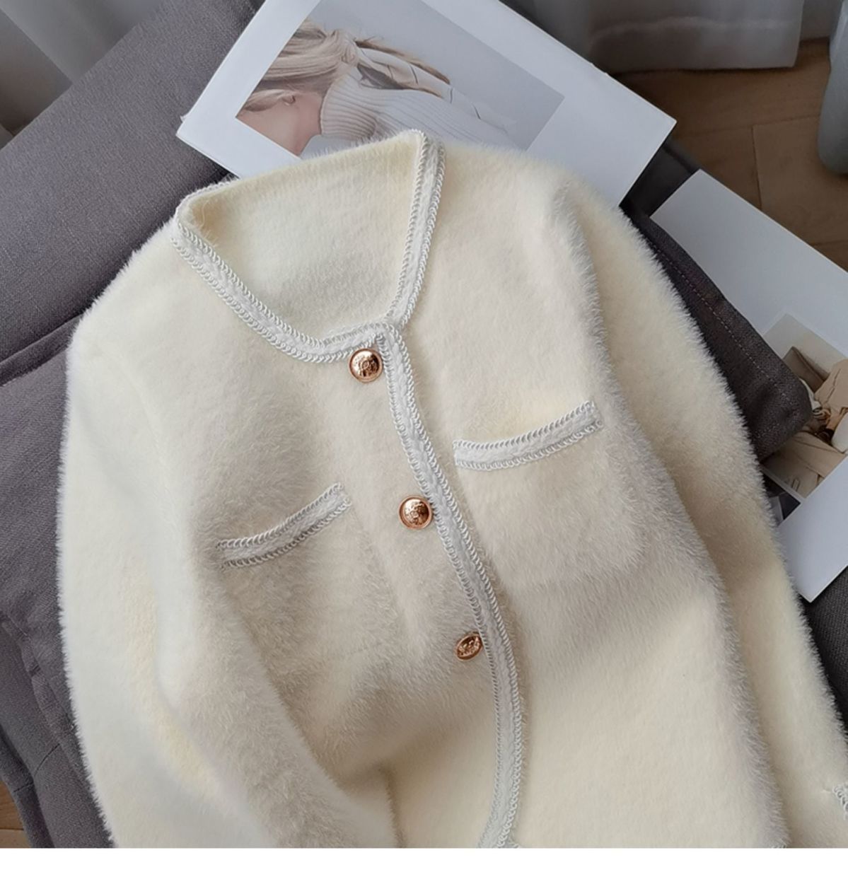 Womens faux mohair wool knitted single breasted sweater cardigan coat solid color