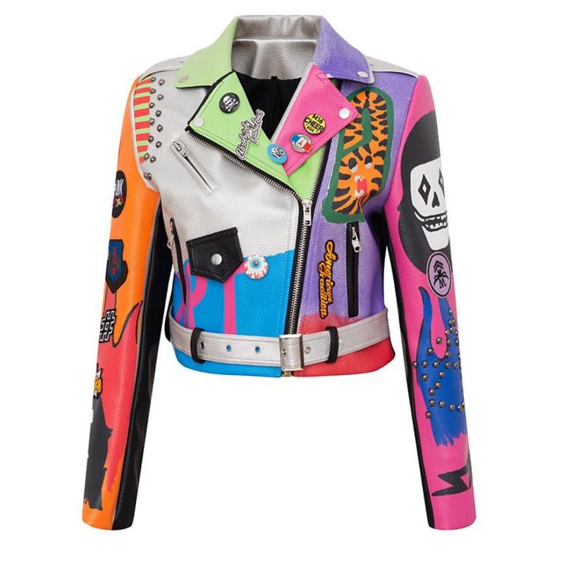 Womens Jackets 3xl Women and Men Rivet Beading Pu Leather Jacket Hit Color Streetstyle Graffiti Outerwear Letters Printed Jackets 220829