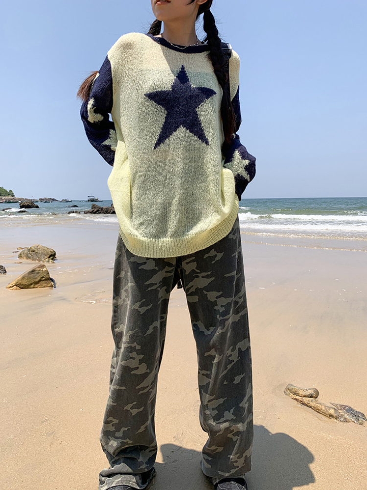 Women s Sweaters Sexy Y2k Thin Star Printed Knitted Sweater Women Long Sleeve See Through Contrast Pullover Elegant Loose Ropa De Mujer 220829