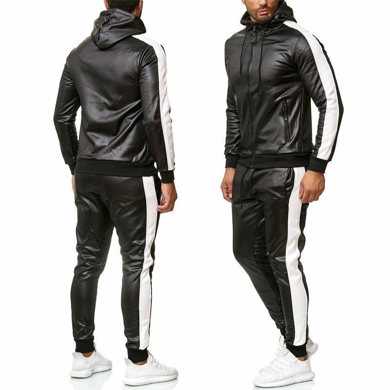 Men s Tracksuits ZOGAA PU Leather Hoodies Set 2 Piece Casual Sweatsuit Hooded Jacket and Pants Jogging Suit 220829