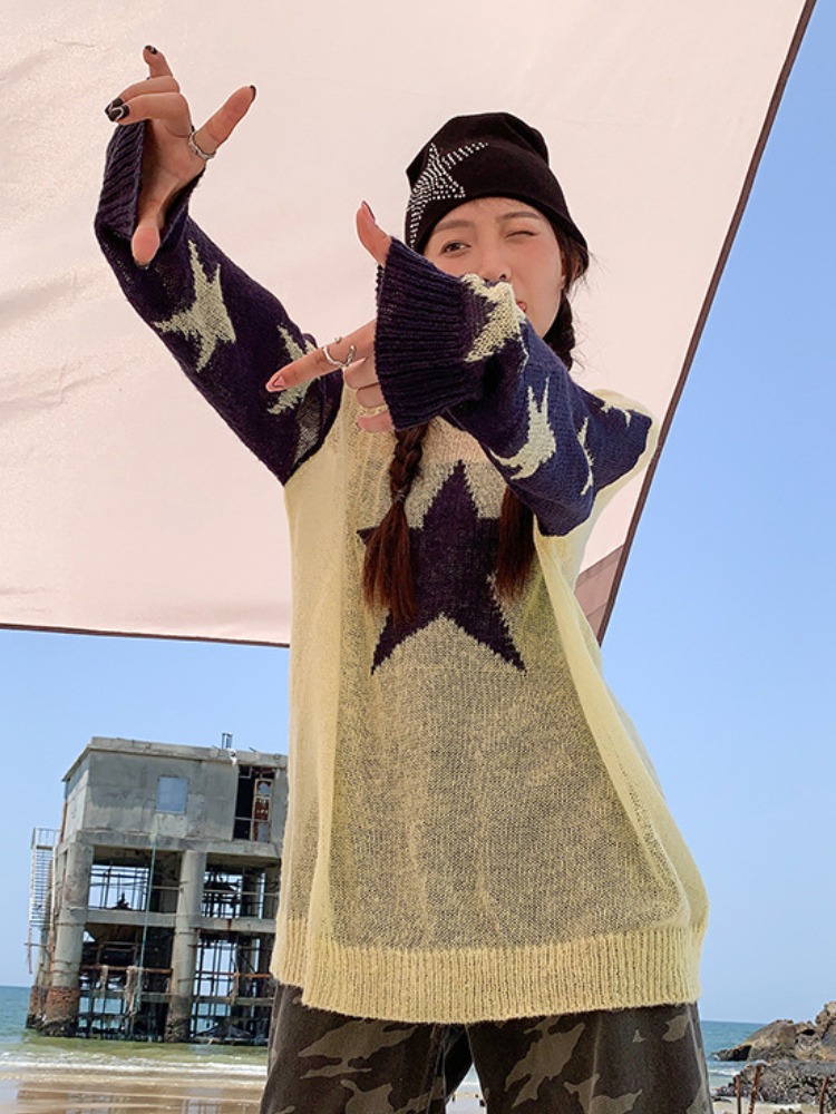 Women s Sweaters Sexy Y2k Thin Star Printed Knitted Sweater Women Long Sleeve See Through Contrast Pullover Elegant Loose Ropa De Mujer 220829