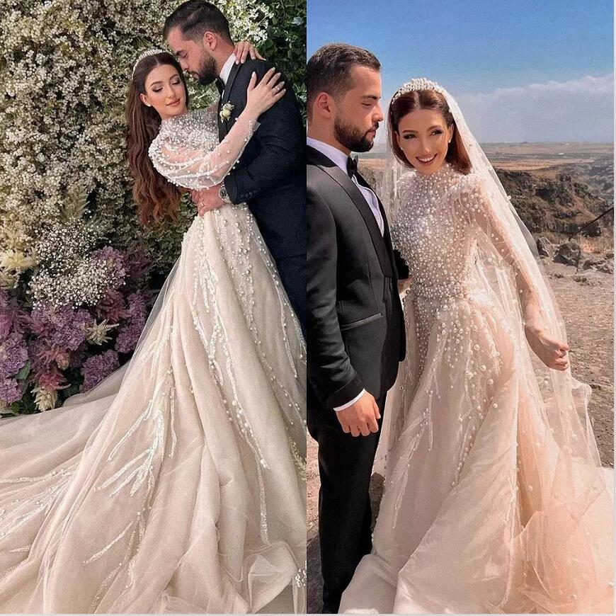 Vintage Beads Mermaid Wedding Dress with Detachable Train Big Pearls Long Sleeve Crystal 3D Appliques Bridal Gowns