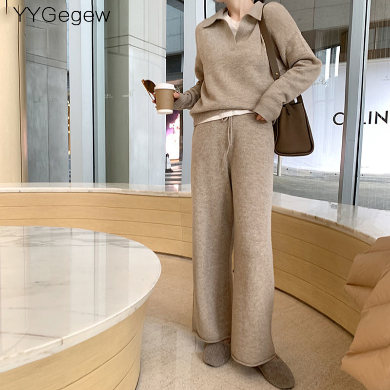 Womens Two Piece Pants 2 Pieces Set Women oversize Tracksuit polo collar Sweater Pullover straight pants CHIC Knitted Outwear sweater suit 220829
