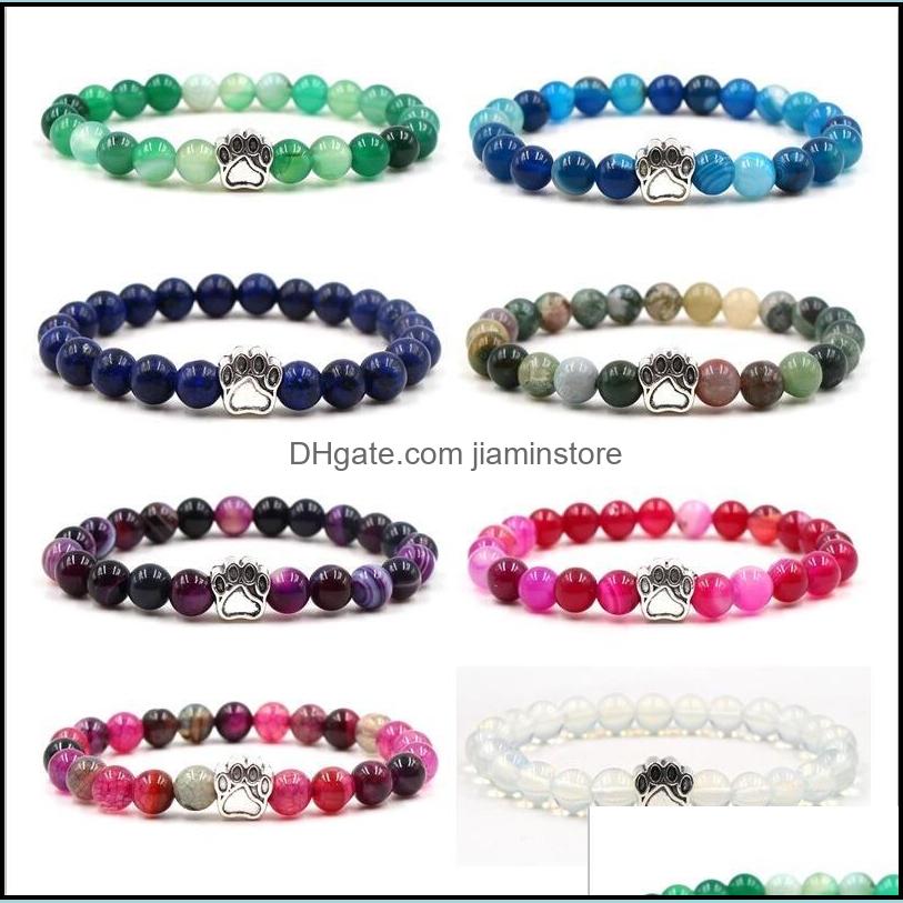 Charm Bracelets Fashion Footprint Dog Paw Charms Bracelet 8Mm Agate Natural Stone Beads Bracelets Pet Lover Strench Jewe Dhseller2010 Dh3X6