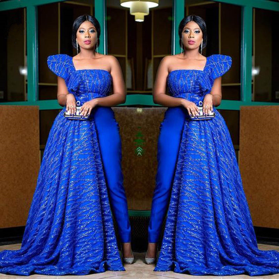 Royal Blue Prom Jumpsuit Dress with Side Train Nigerian Lace Aso Ebi One Shoulder Evening Gown Pant Suit robe de soiree
