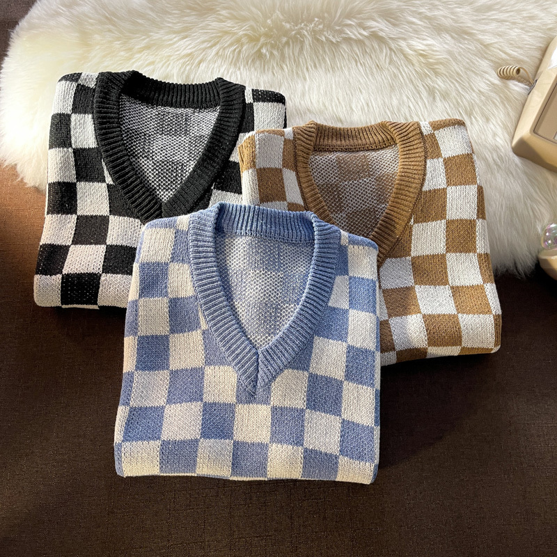 Men's Vests Checkerboard Sweater Vest Men V neck Loose Plaid Fashion Vintage All match Knitting Jumpers Students Harajuku Korean Preppy Chic 2208