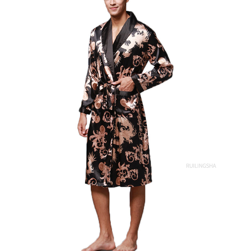 Men's Robes Fashion Bathrobe Silk Kimono Long Sleeves Robe Chinese Lucky Dragon Print Pajamas Gown Homewear Sleepwear 220829
