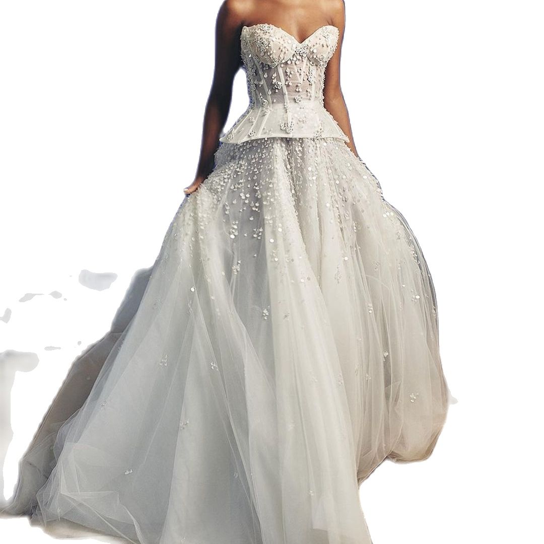 Luxury A Line Bling Wedding Dress Sequins Illusion Sweetheart Neck Bridal Gowns Romantic Bride Gowns Robe De Mariee