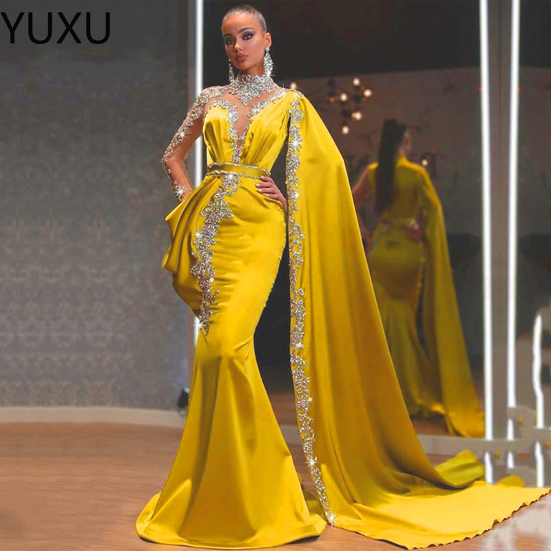 Elegant African Evening Dresses Long Sleeves Sequin Mermaid Formal Dress Gold Beaded Prom Gowns