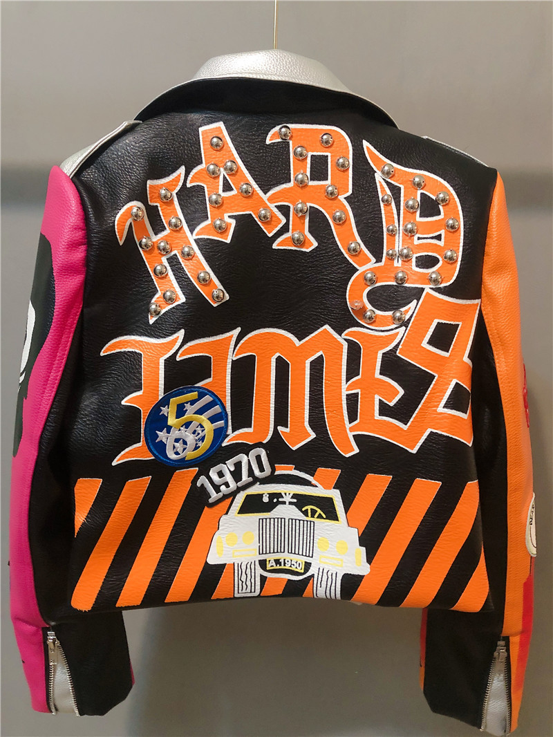 Womens Jackets 3xl Women and Men Rivet Beading Pu Leather Jacket Hit Color Streetstyle Graffiti Outerwear Letters Printed Jackets 220829