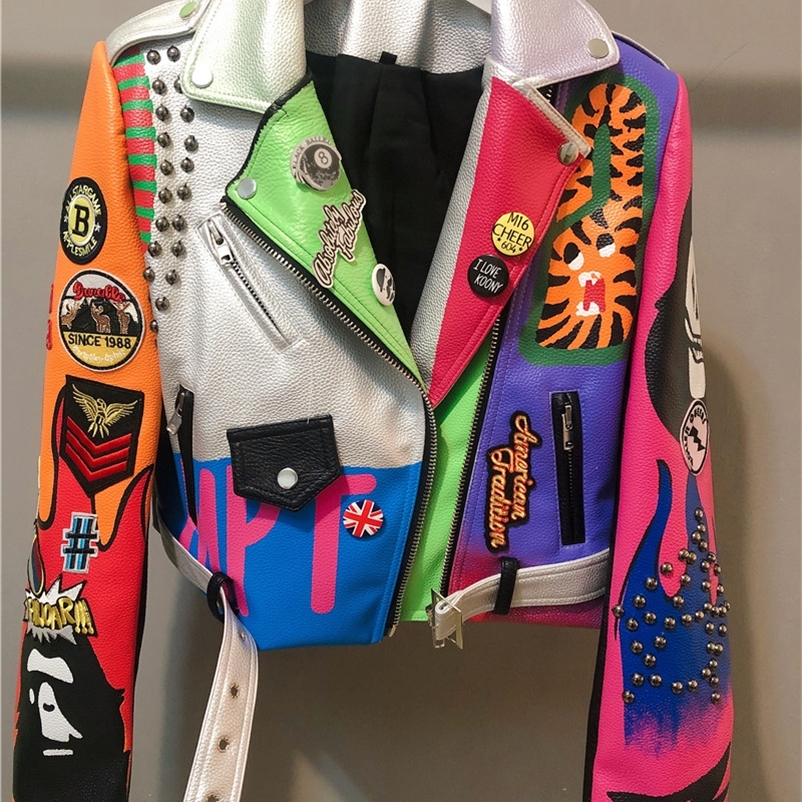 Womens Jackets 3xl Women and Men Rivet Beading Pu Leather Jacket Hit Color Streetstyle Graffiti Outerwear Letters Printed Jackets 220829