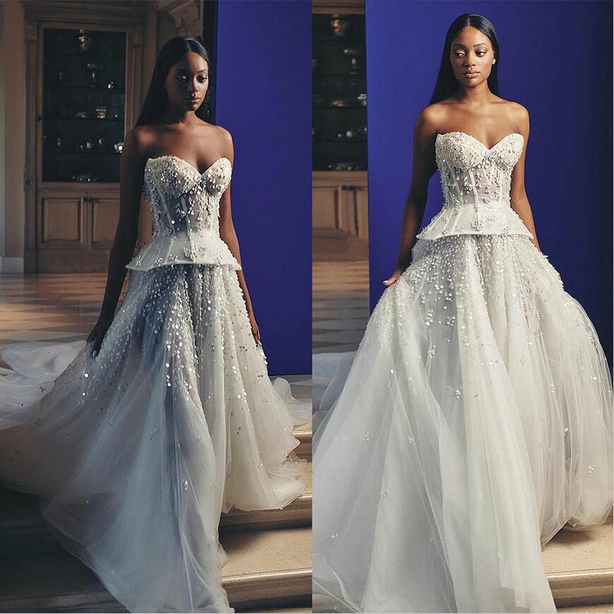 Luxury A Line Bling Wedding Dress Sequins Illusion Sweetheart Neck Bridal Gowns Romantic Bride Gowns Robe De Mariee