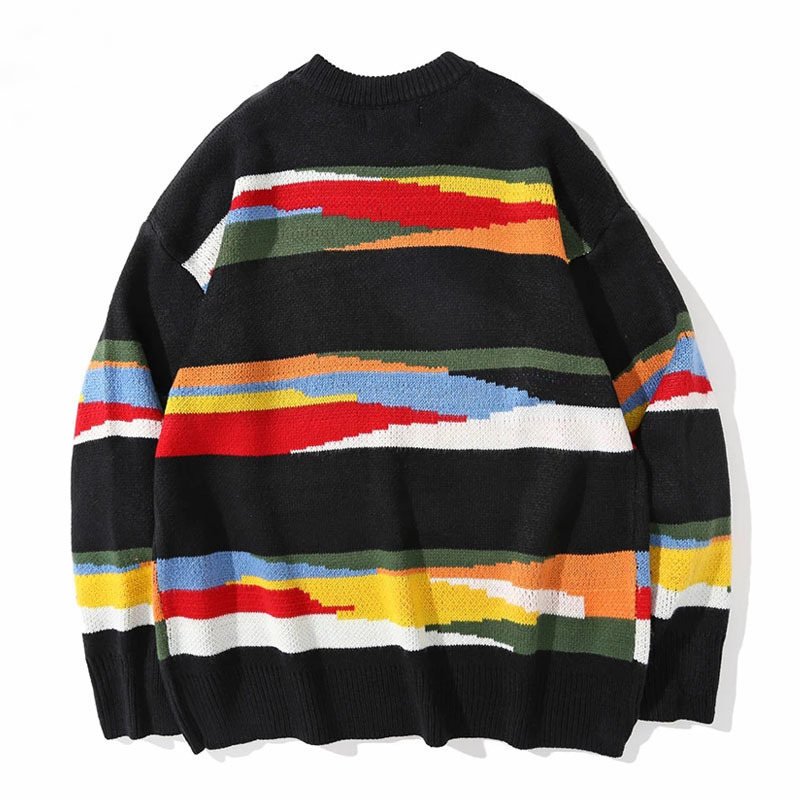 Mens Sweaters Oversized Knitted Sweater Mens Harajuku Vintage Rainbow Striped Patchwork Jumper Streetwear Hip Hop Casual Loose Pullover Unisex 220829