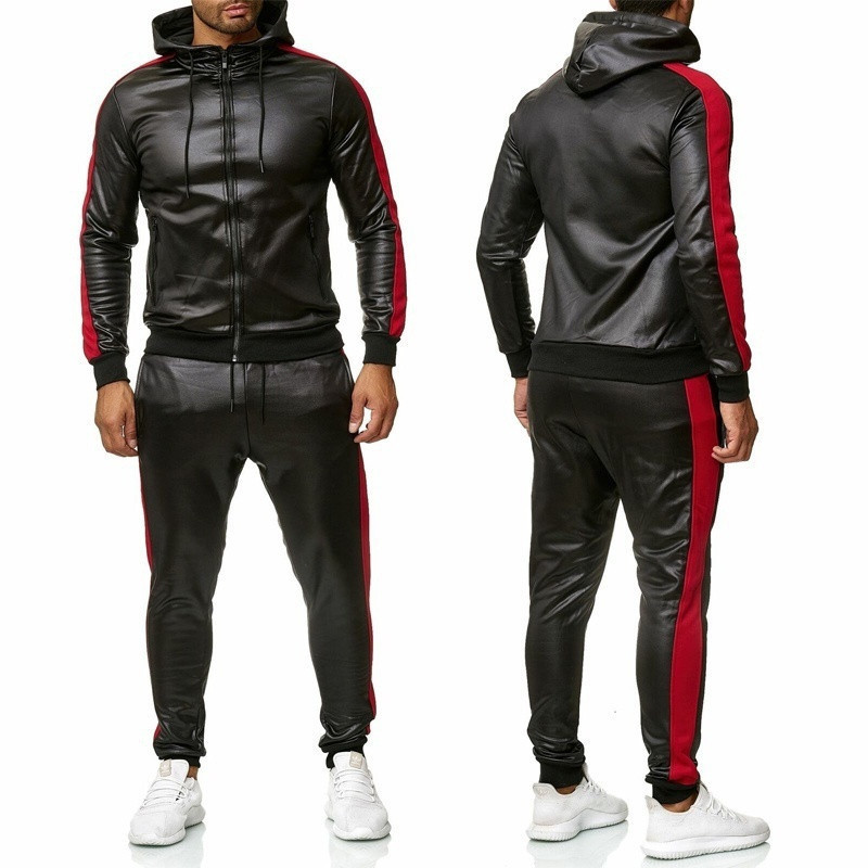 Men s Tracksuits ZOGAA PU Leather Hoodies Set 2 Piece Casual Sweatsuit Hooded Jacket and Pants Jogging Suit 220829