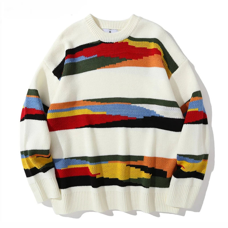 Mens Sweaters Oversized Knitted Sweater Mens Harajuku Vintage Rainbow Striped Patchwork Jumper Streetwear Hip Hop Casual Loose Pullover Unisex 220829