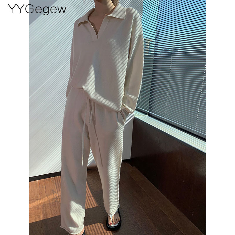 Womens Two Piece Pants 2 Pieces Set Women oversize Tracksuit polo collar Sweater Pullover straight pants CHIC Knitted Outwear sweater suit 220829