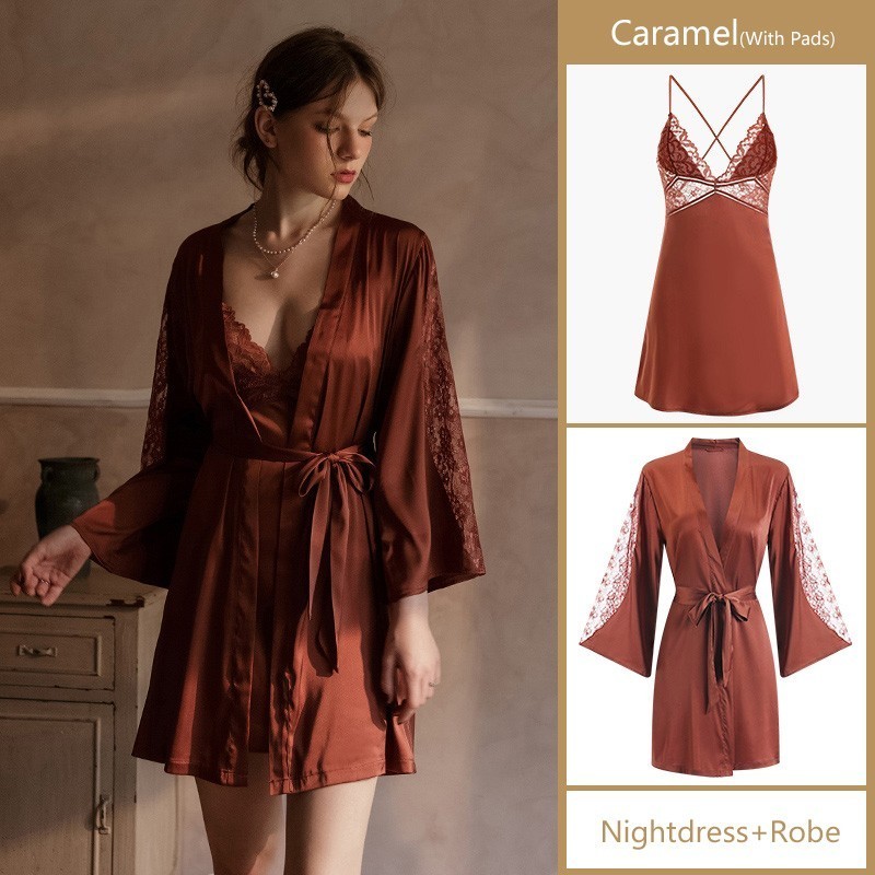 Women's Robe Sets Night Dress Women Satin Sleepwear Bride Bridesmaid Wedding Gift Sexy Lace Nightgown Kimono Bathrobe Gown 220830
