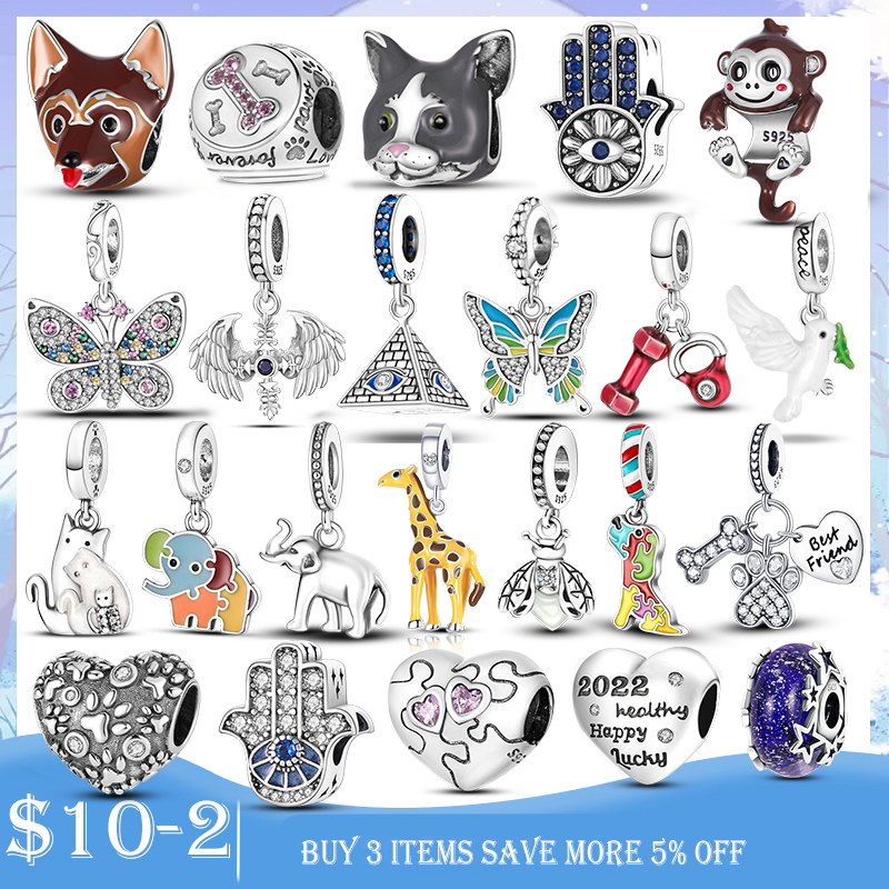 925 Silver fit Charm Bracelet bead Color Dog Cat Butterfly Elephant charmes ciondoli DIY Fine Beads Jewelry