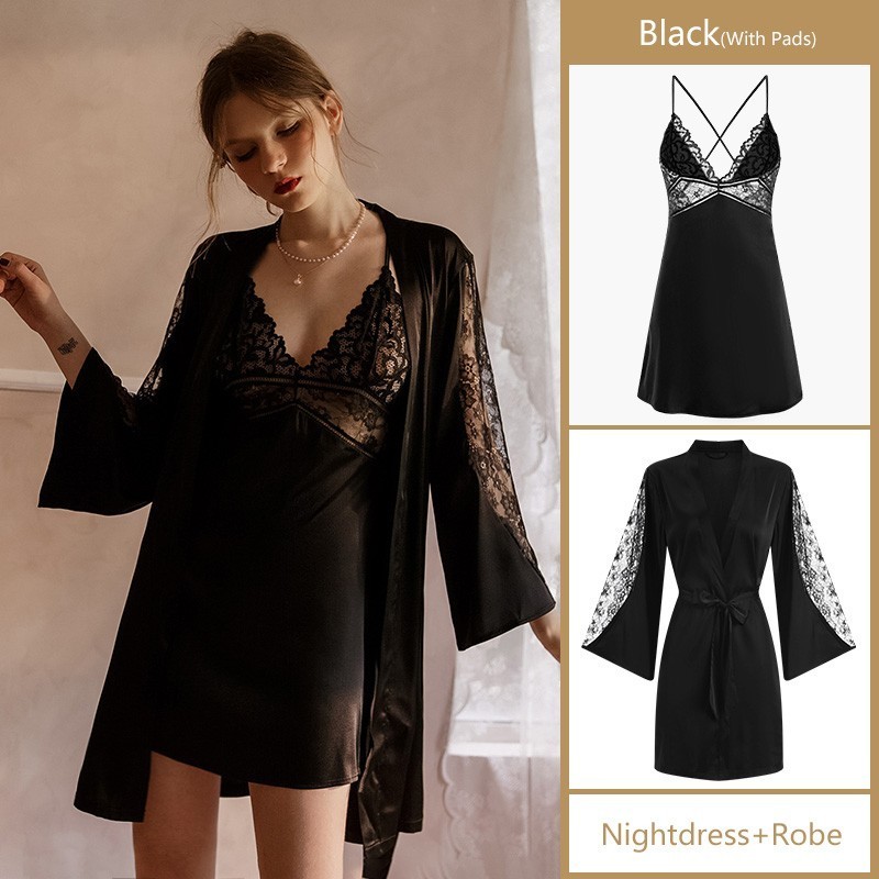 Women's Robe Sets Night Dress Women Satin Sleepwear Bride Bridesmaid Wedding Gift Sexy Lace Nightgown Kimono Bathrobe Gown 220830