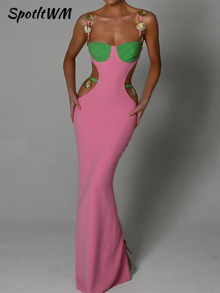 Casual Dresses Sexy Straps Maxi Dress Elegant Pink Hollow Out Bodycon Dress For Women Summer Fashion Sleeveless Club Party Dress Outfits 220829