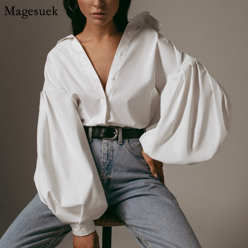 Women's Blouses Shirts Casual Vintage Sexy Button White Blouse Lantern Sleeve Oversized Loose Shirt Cotton Office Ladies Tops Blusas 10903 220830