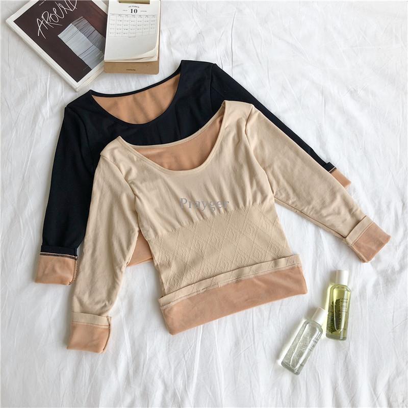 Women's Thermal Underwear Woman Winter Fleece Warm Tops Long Sleeves O Neck Clothes 220830