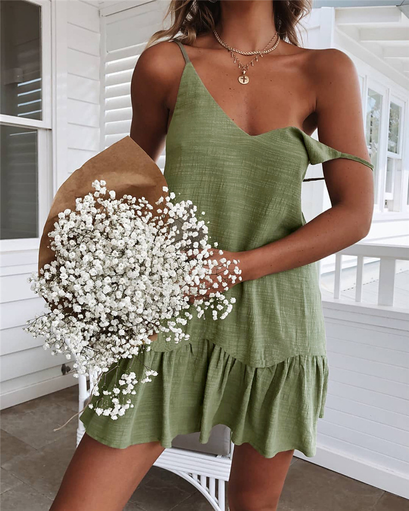 Casual Dresses Sexy Spaghetti Strap Ruffle Dress Women Summer Dress Cotton Linen Vestidos Green Dresses Off Shoulder Sexy Mini Sundress 220829